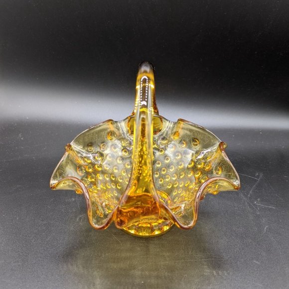 Amber Art Glass Hobnail Ruffled Edge Basket Applied Handle Vintage Candy Dish - Picture 5 of 7